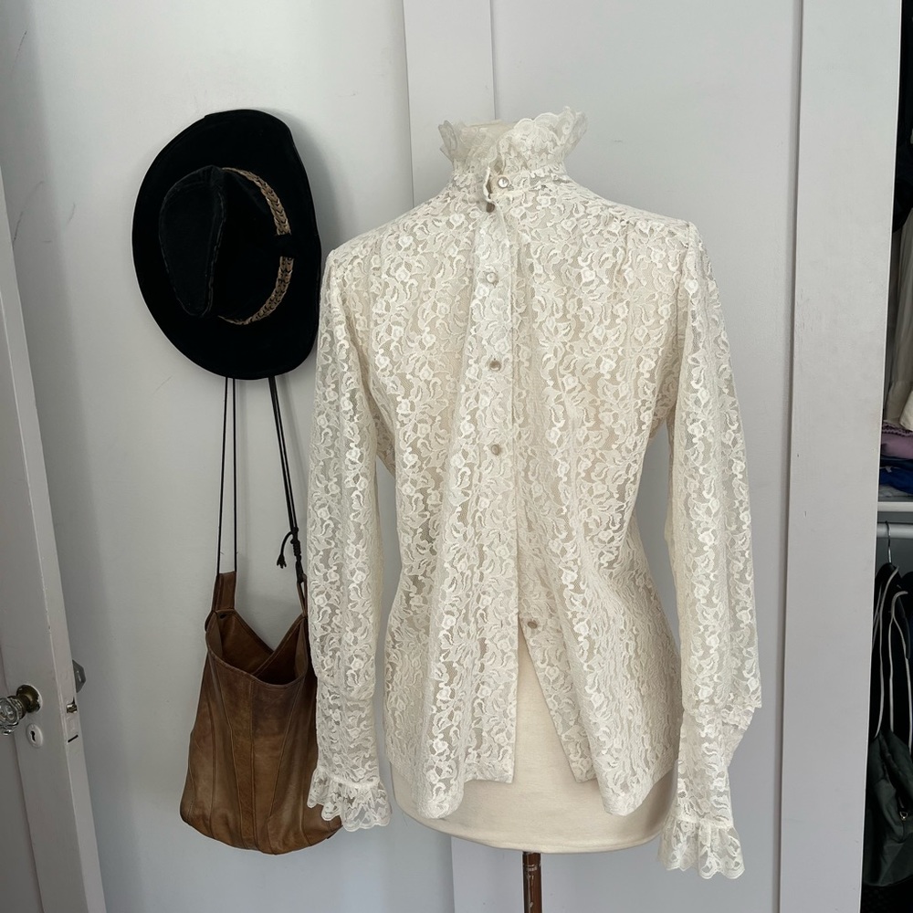 Vintage Lace Blouse Top 80s Cottage Core M style of gunne sax cream